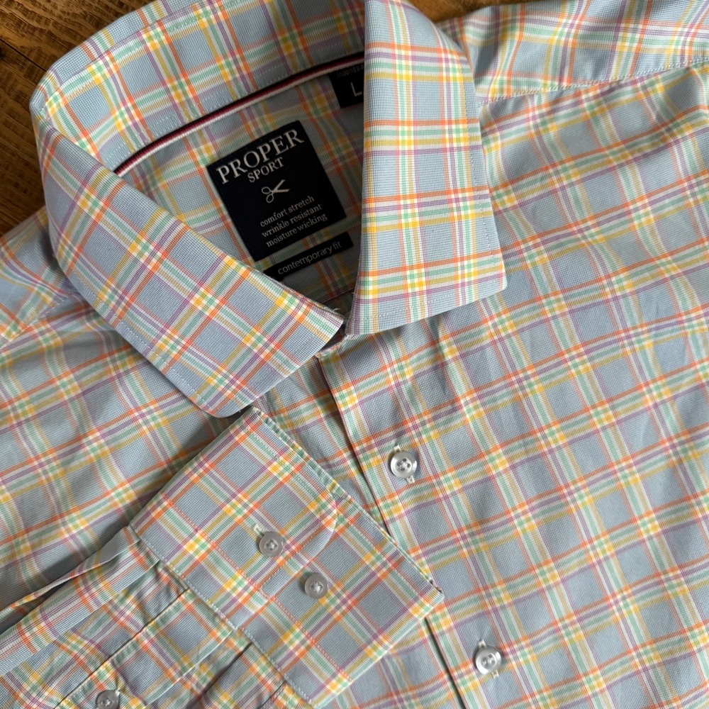 Proper Sport Button Down Mens Large Blue Plaid Performance Christopher Lena